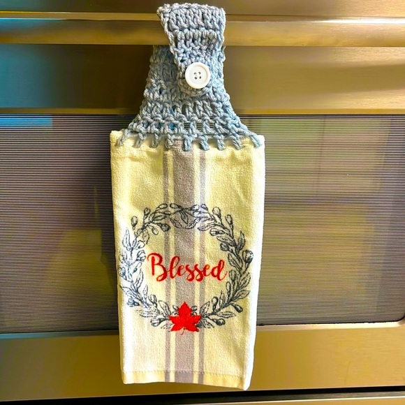 HAND CRAFTED Gray Crocheted Top Blessed Hanging Kitchen or Bathroom Hand Towels - Picture 7 of 7